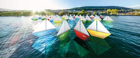 bateaux origamis naviguant sur le lac de Neuchâtel